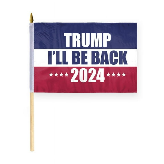 AGAS Trump 12x18 Inch Stick Flag - Red, White & Blue Flag - 100% Polyester with 24 Inch Natural Wood Pole - Durable and Vibrant for Trump 2024 Support