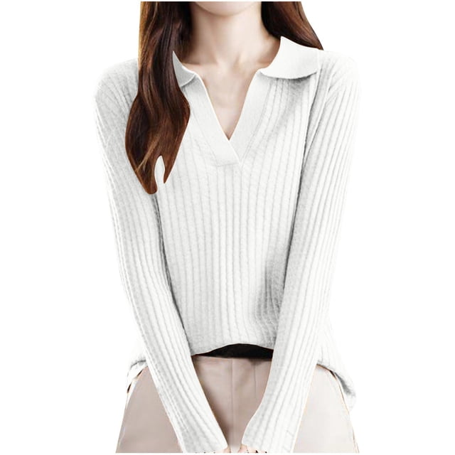 LOVZFMLL Sweaters for Women V-Neck Ribbed Pullover Solid Color Lapel Casual Basic Relaxed Fit Tops Warm Fall Winter Clothes