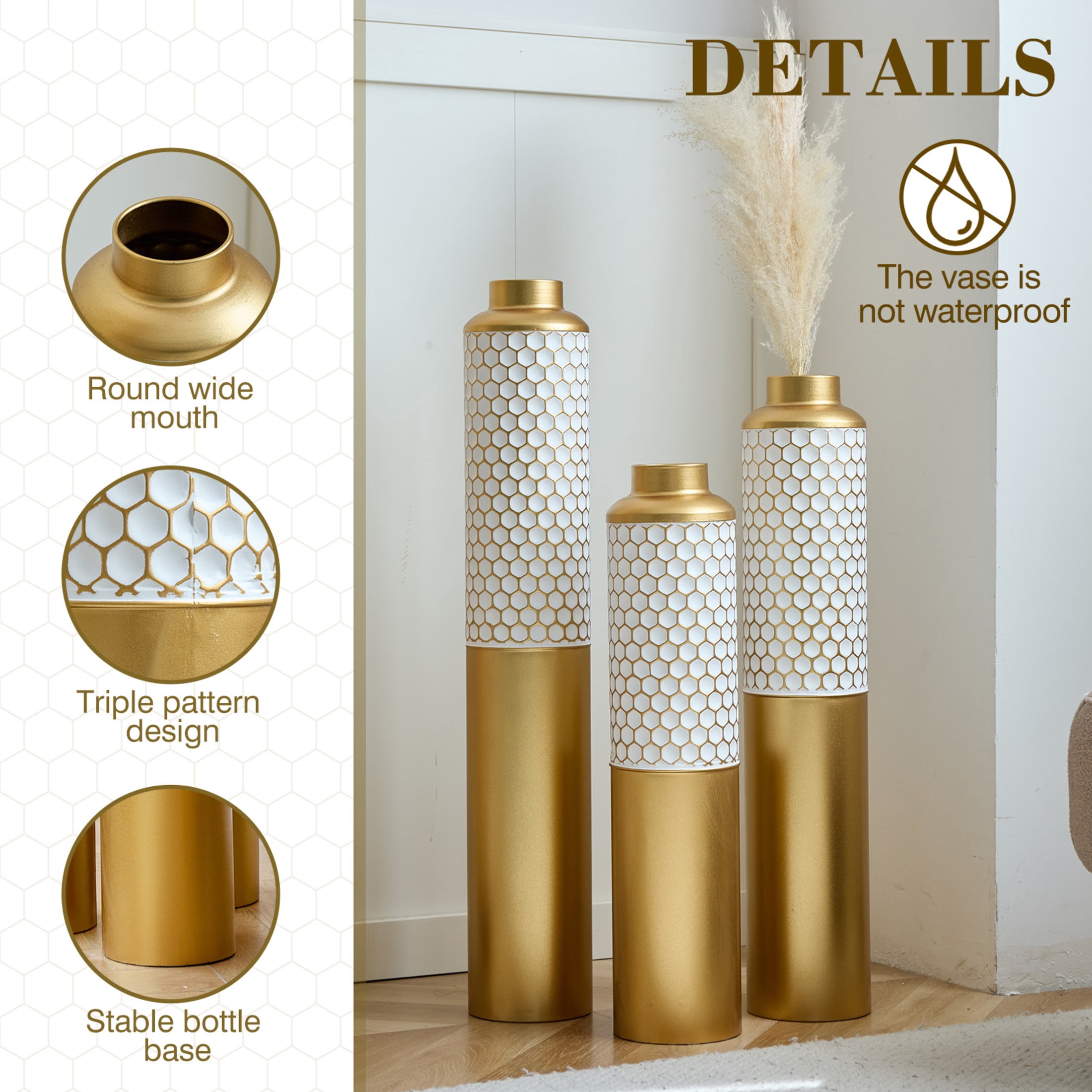 Noble House 3-Piece Metal Floor Vase Set, Textured Hexagonal Pattern Decorative Vases, Gold + White