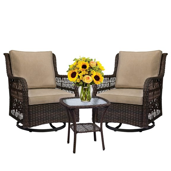 Coromose 3 Piece Outdoor Wicker Swivel Rocker Patio Set, Patio Bistro Furniture Sets Clearance, 360 Degree Swivel Rocking, 2Pcs Chairs and 1Pcs Matching Side Table (Beige)
