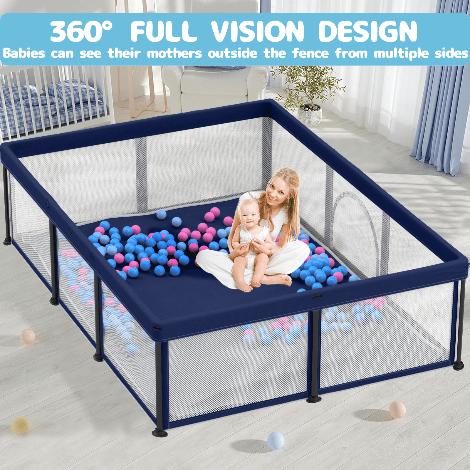 G TALECO GEAR Large Baby Playpen with Mat, Foldable Playpen for Babies and Toddlers, Portable Travel Play Yard, 50"x71", Blue