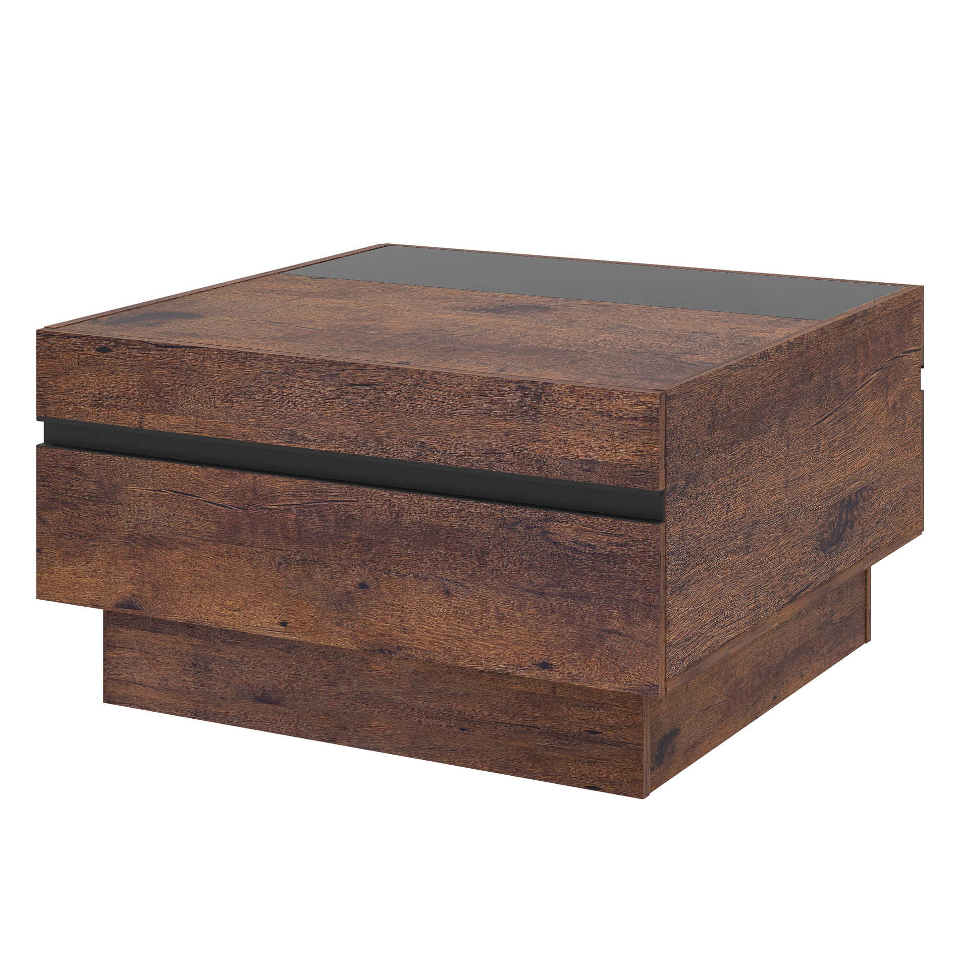 Modern Square Coffee Table with Tempered Glass Top,2 Drawer Hidden Storage, Walnut Wood Grain, Living Room Center Table,Brown