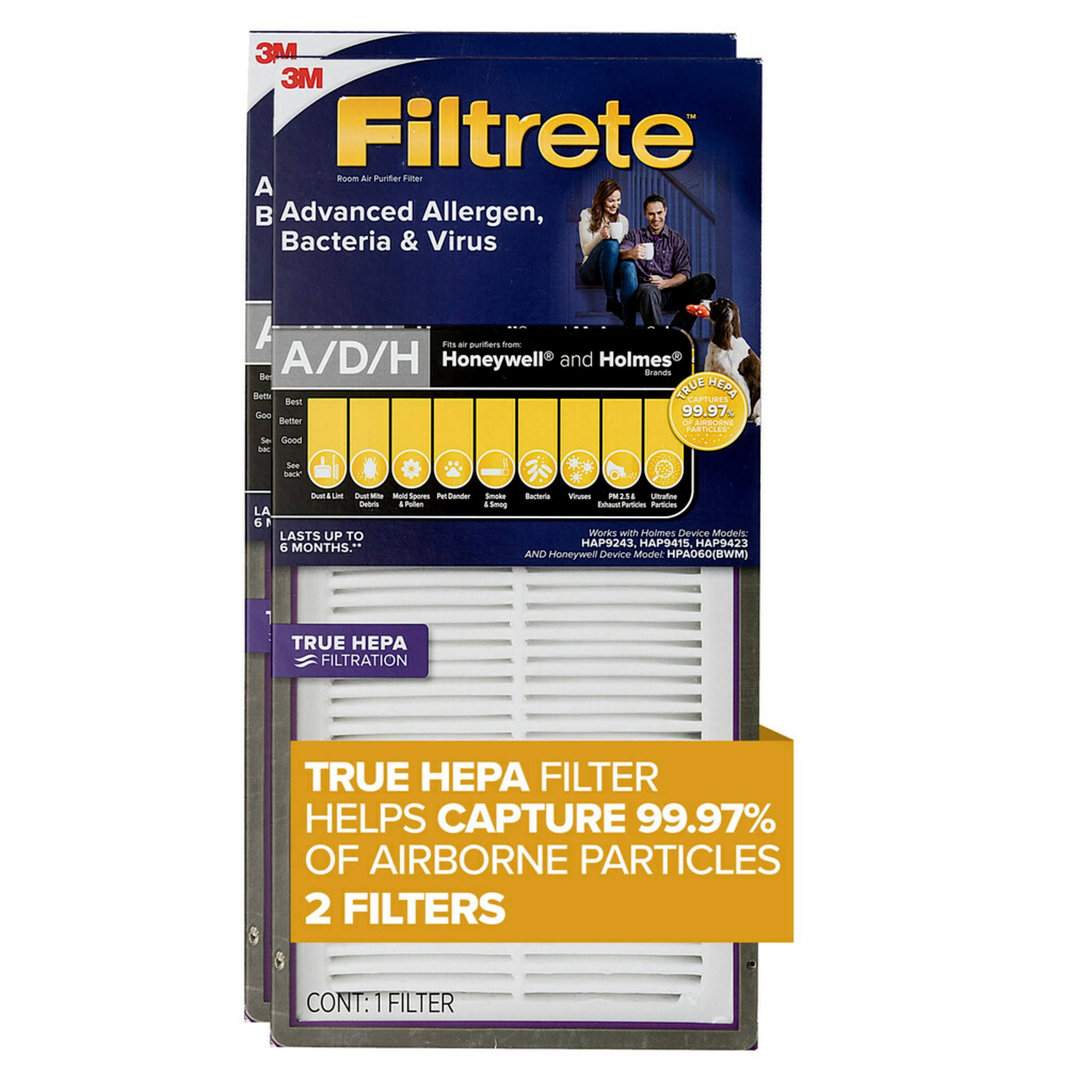 Filtrete by 3M Allergen, Bacteria & Virus True HEPA Air Purifier Filter, Replaces Size A/D/H Filters, 2 Pack