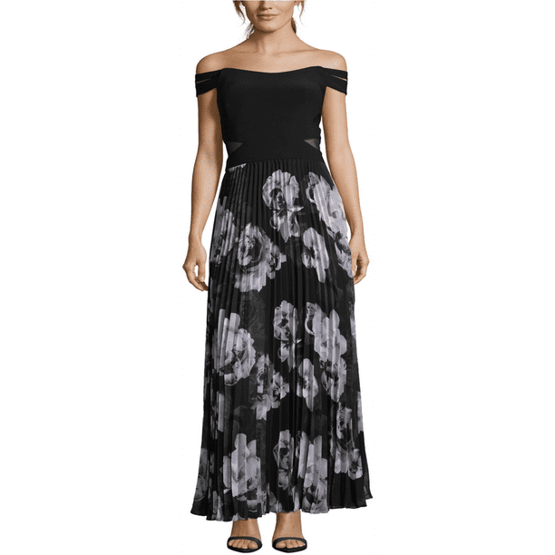 XSCAPE Vestido plisado con hombros descubiertos para mujer, negro, 4 XSCAPE Fuera del hombro