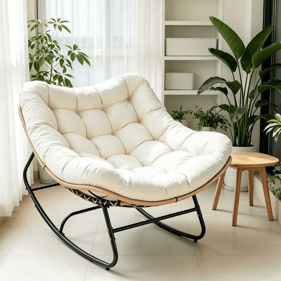 SOLAURA Rocking Egg Chair with Cushion, Indoor & Outdoor Oversized 450 LBS Capacity Papasan Egg Chair, Wicker Lounge Rocker Chair for Bedroom Living Room Garden Porch Backyard, Beige
