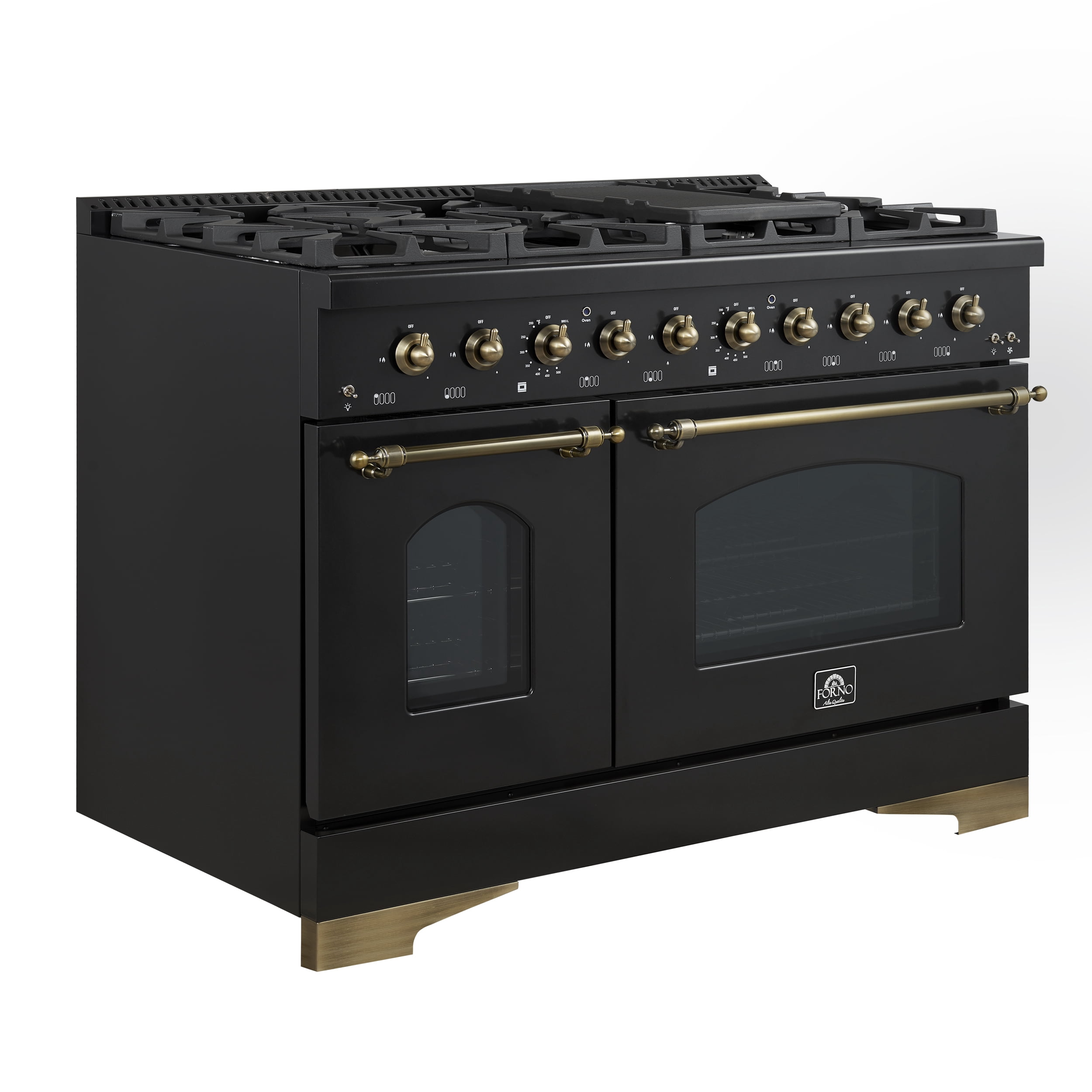 Forno Antico 48-Inch Dual Fuel Range, Black with Antique Brass Finish, 8 Burners, 94,000 BTU, 5.5 cu.ft. Double Ovens  Griddle