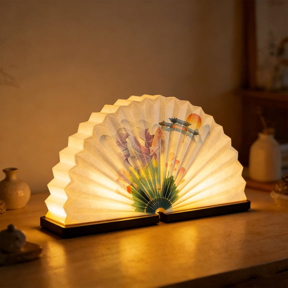 Taicans Wooden Book Lamp,Wooden Folding LED Book Lamp with Auto-Color Changing Light,Portable Fan-Shaped Night Light,USB-C Rechargeable Ambient Desk Light,Unique Gift for Book Lovers & Home Decor