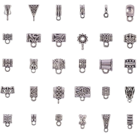 116Pcs 29 Styles Tibetan Style Alloy Tube Bails Loop Bails Mixed Shapes Antique Silver 6~15x4~11x4~10mm Hole: 1.5~6mm