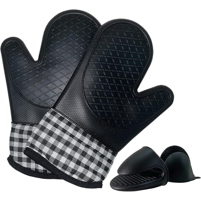 Juego de 4 guantes para horno y soporte para ollas, con mini guantes para horno y clips aislantes, guantes largos antideslizantes para horno de calidad alimentaria, para hornear en la cocina
