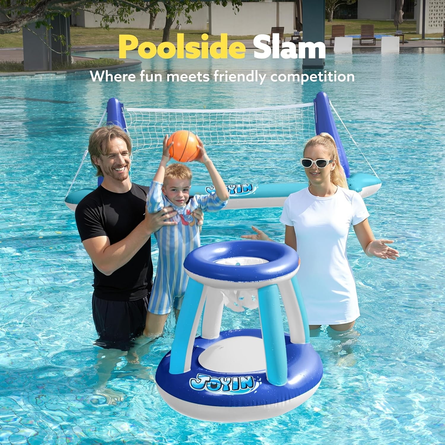 Joyfy Pool Games Set with Pool Volleyball Net & Pool Basketball Hoops, Summer Pool Float for Adults - Dark Blue