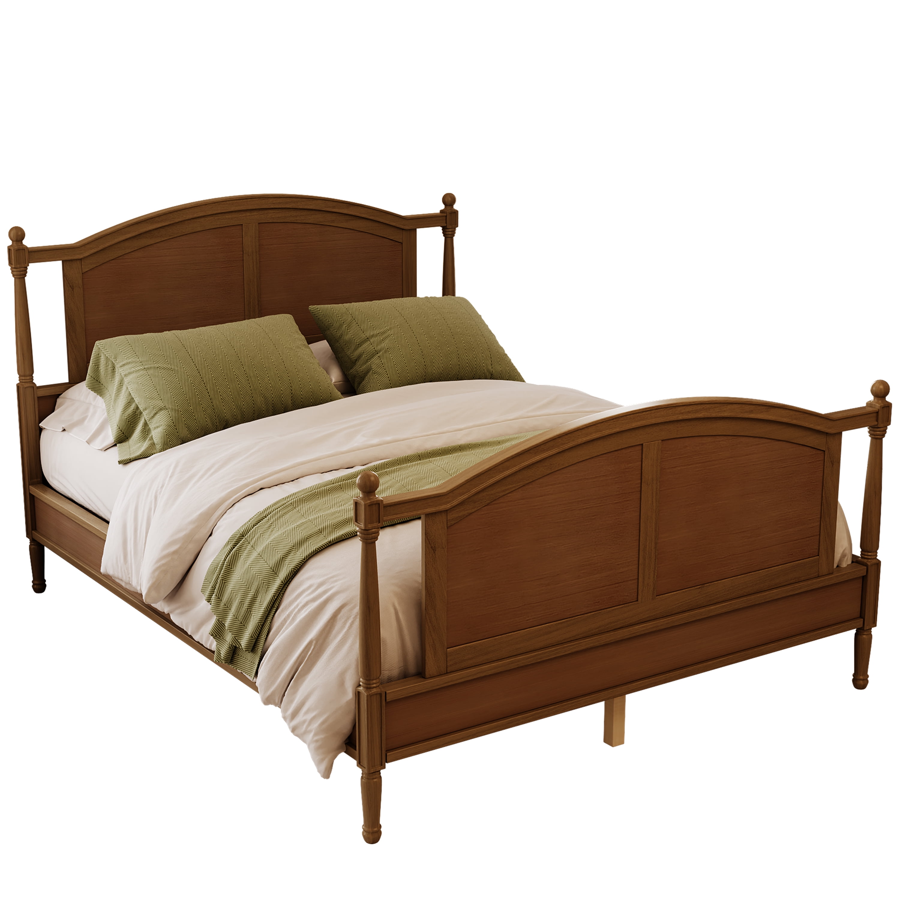 Euroco Wood Queen Size Platform Bed, Traditional Farmhouse Style Bed with Arched Panel Headboard and Spindle Posts, No Box Spring Needed, Walnut