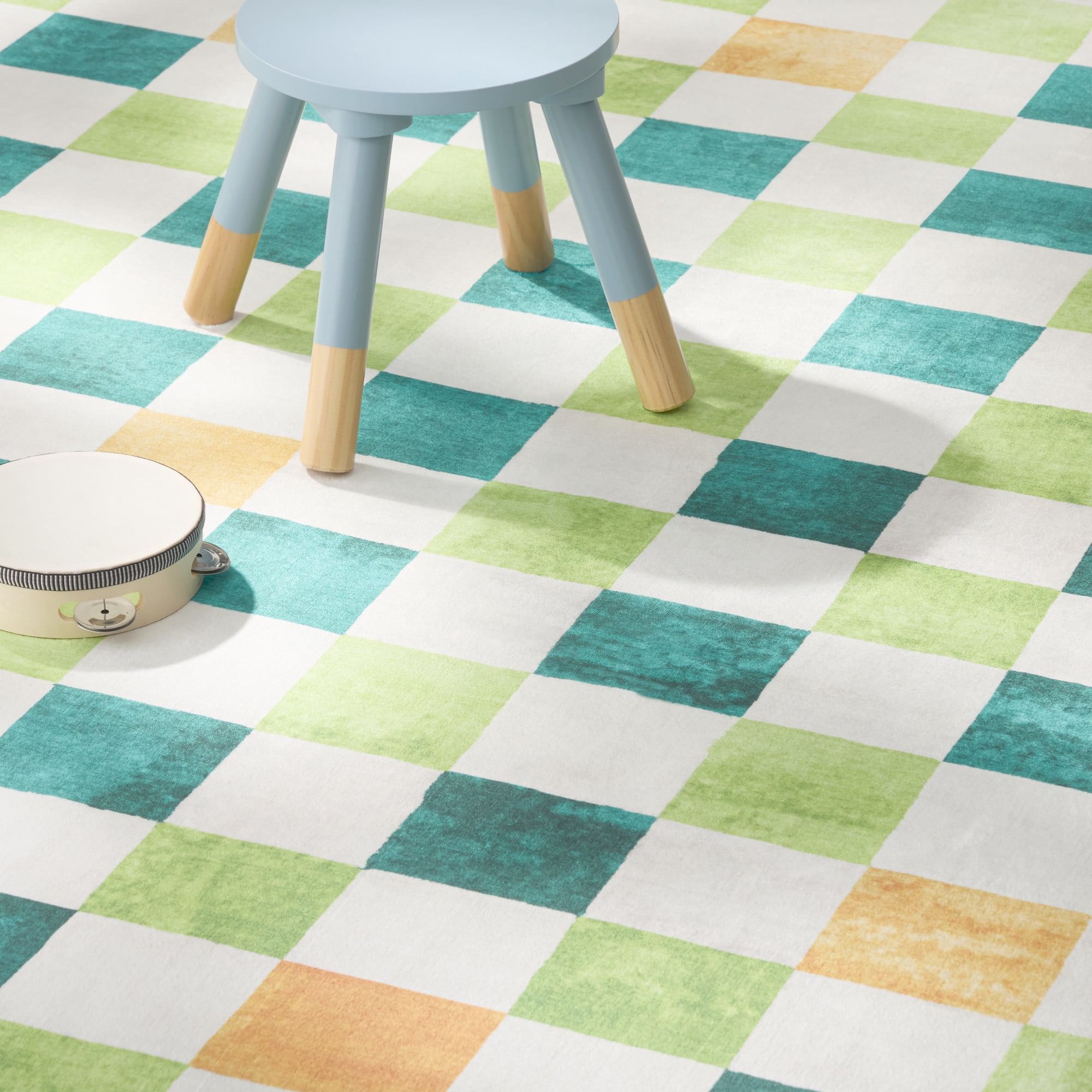 TOWN & COUNTRY PLAY Niko Checkmate Kid's Washable Area Rug, Soft & Plush, Safe Non-Slip Backing, Bedroom Rug, Dorm Decor, Playroom & Classroom Rugs, Green/Multi, 3'3"x5'2"