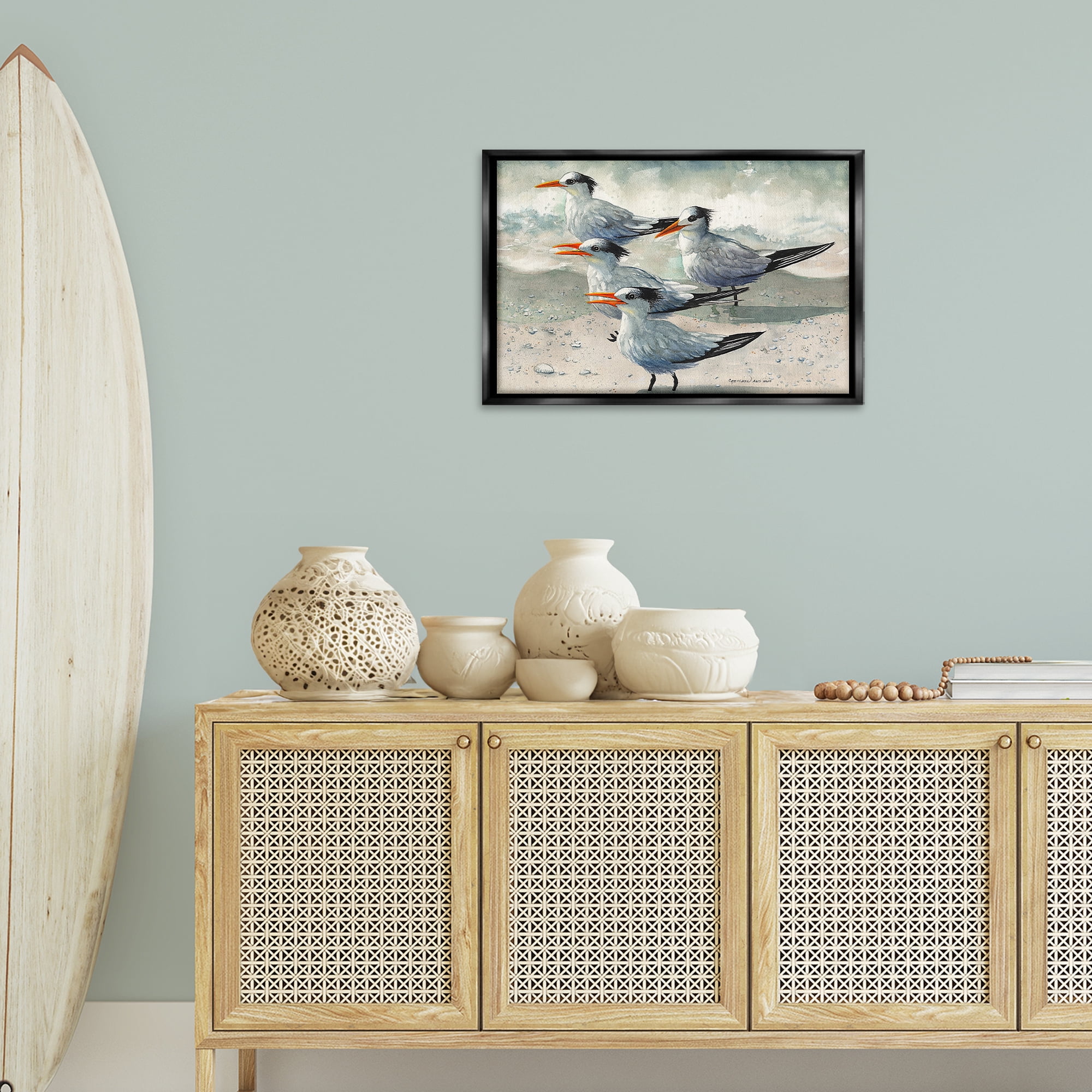 Stupell Industries Birds on Sandy Beach Animals & Insects Painting Black Floater Framed Canvas Art Print Wall Art, 25 x 17