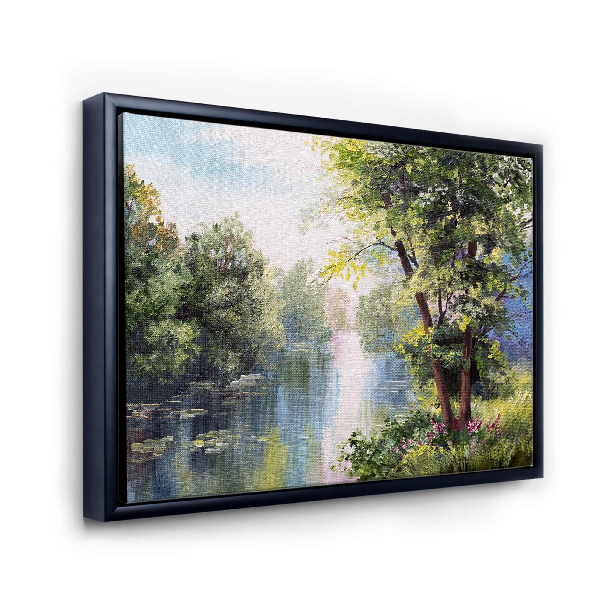 Lake In The Forest Summer Day - Landscape 20 in x 12 in Framed Painting Canvas Art Print, by Designart