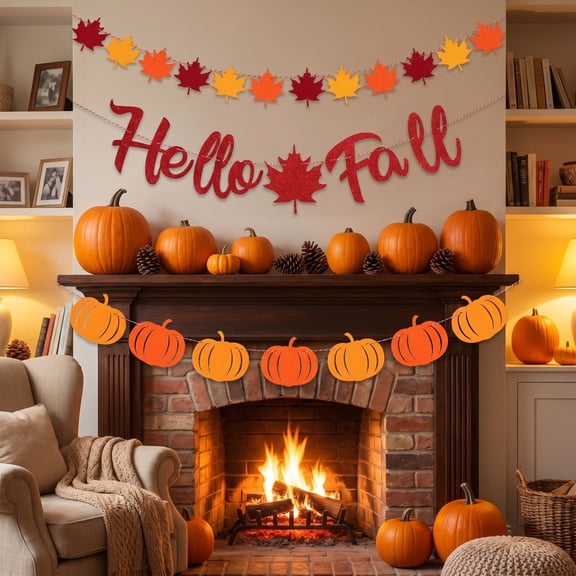 3PC Fall Harvest Banners,Maple Leaf Pumpkin Garland,Autumn Felt Bunting,Thanksgiving Decoration,Reusable Hanging Decor,Mantel Table Accent,Harvest Party Decor,Seasonal Home Ornament