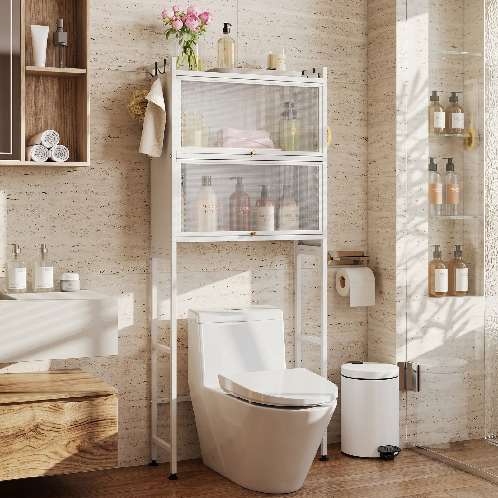 ALPULON Over the Toilet Cabinet Bathroom Organizer with 2 Flip-Up Fluted Door Cabinets and 4 Side Hooks for Storage, White