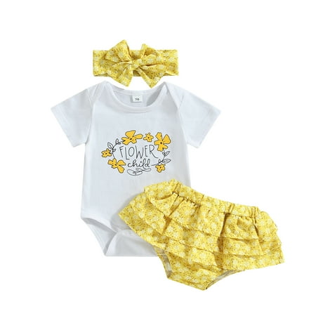 

Musuos Infant Baby Girl Summer Jumpsuit Set Letter Print Short Sleeve Romper + Flower Pattern Ruffled Shorts + Bow Headband