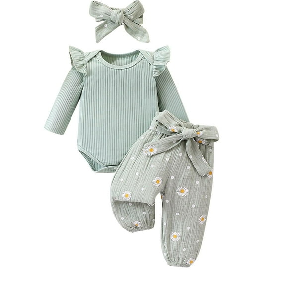 Erwazi Newborn Infant Girl Outfit Sets Rib Knit Romper Daisy Print Pants Headband Baby Clothes for Girls 0 3 6 12 18 24 Months