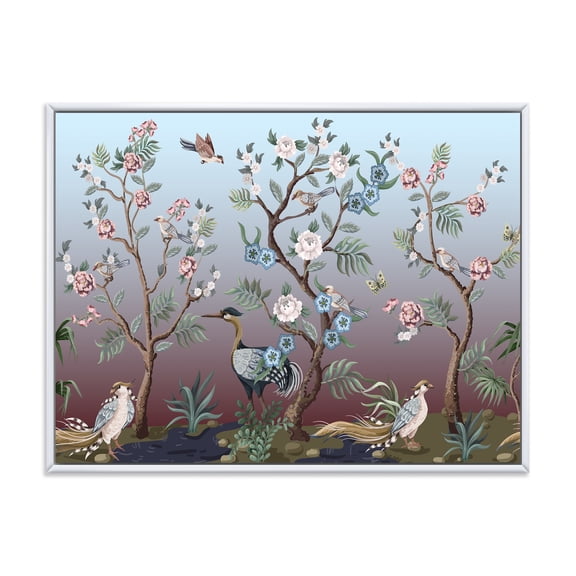 Designart 'Chinoiserie With Peonies and Birds XI' Traditional Framed Canvas Wall Art Print