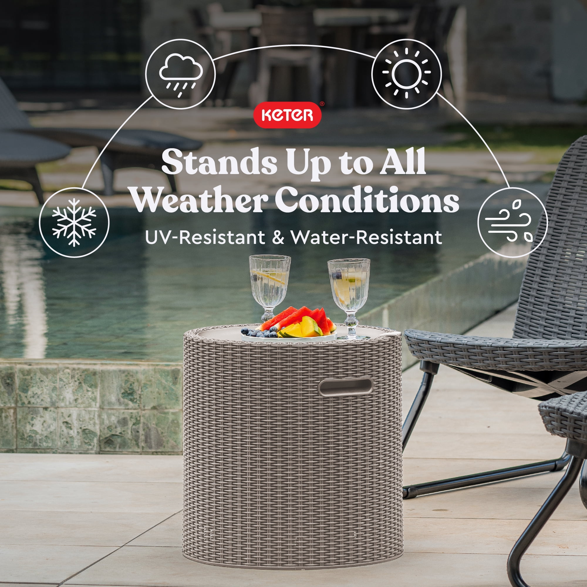 Keter Side Table Cooler 10.3 Gallon Cooler 3 in 1 Outdoor Patio Table and Ice Chest Storage, Ideal Hot Tub Table, Decor and Outdoor Patio Bar, Portable Bar, Rattan Look Cappuccino