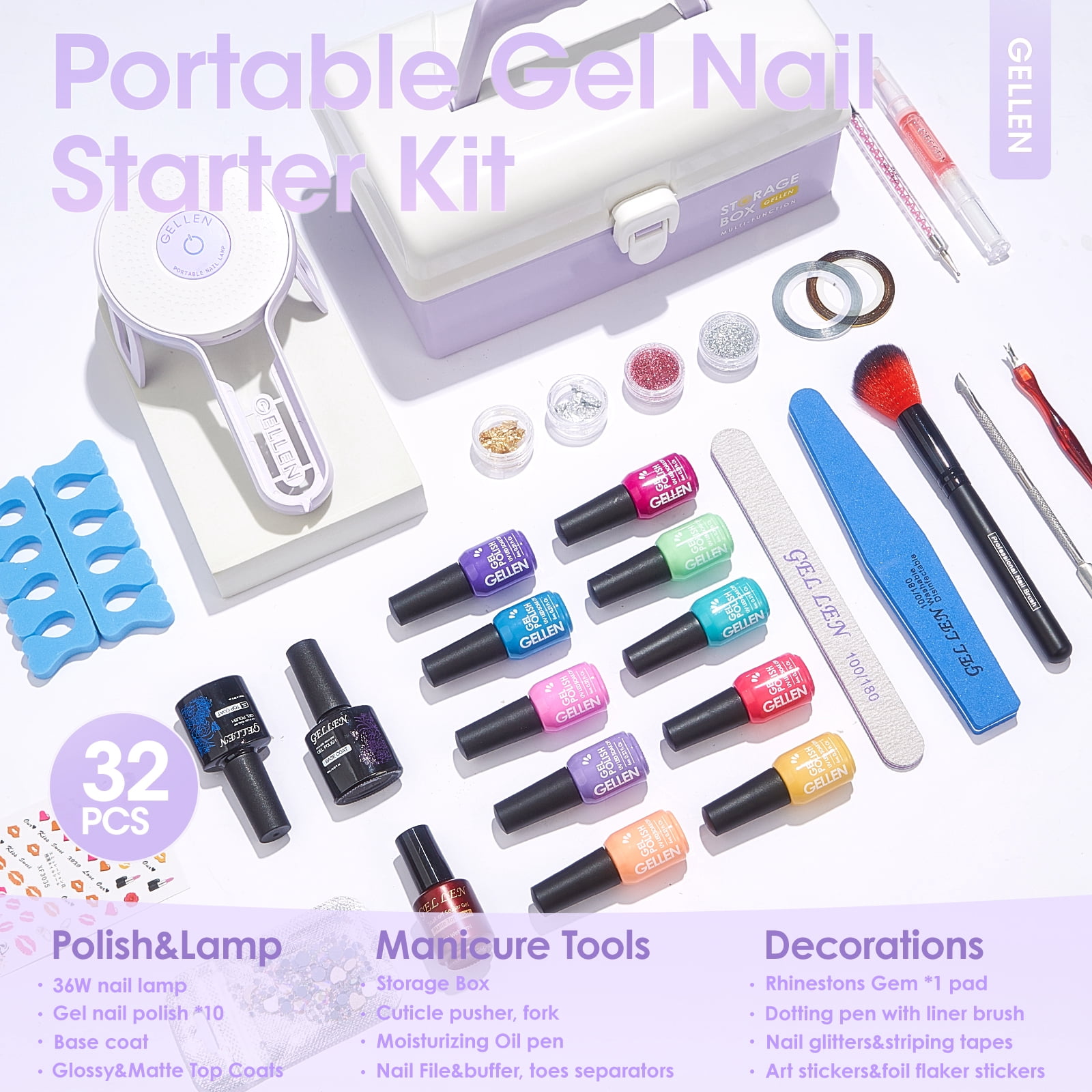 Gellen Gel Nail Polish Starter Kit with UV Lamp, 10 Colors Jelly Macaron Gel Polish with 36W Nail Lamp Top & Base Coat Nail Tools Manicure Set & Storage Box, All-In-One Gel Nail Polish Kit