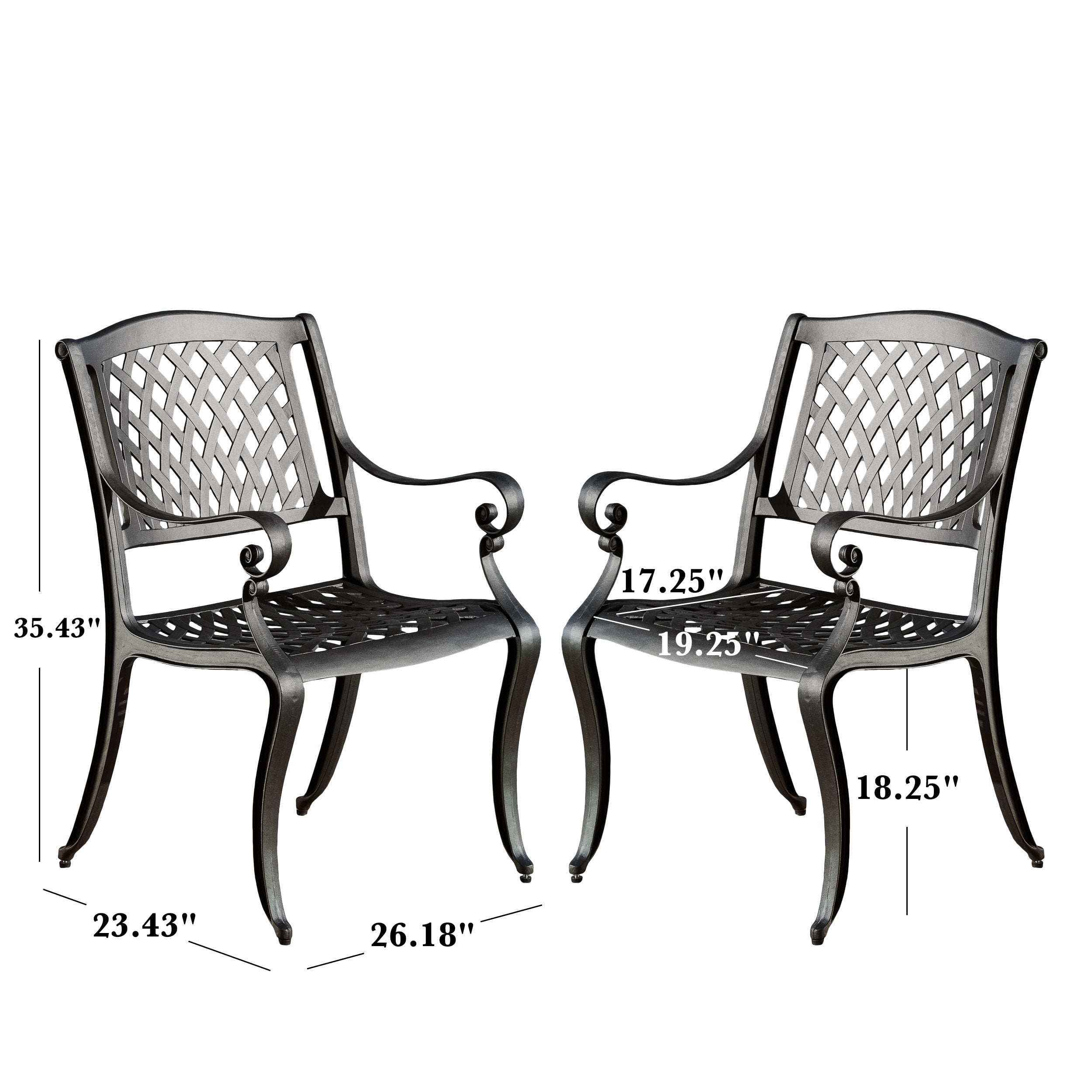 Outdoor Cast Aluminum Arch Mesh Dining Chair Set of 2, Fashion Household Seats for Patio Garden, Black Sand