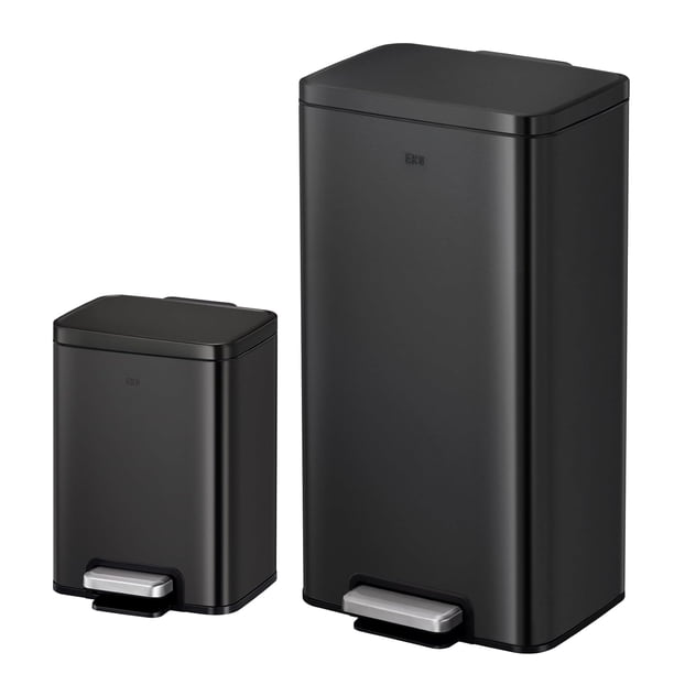 Set 2 Botes de basura para cocina baño oficina Acero Inoxidable negro 30 + 6 L con tapa EKO Madison