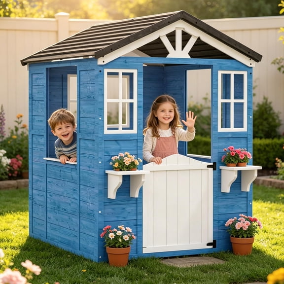 Panapinka Wooden Kids Playhouse with Play Kitchen, Outdoor Cedar Toddler Play Cottage with Door Windows & Vinyl Roof for Backyard Garden