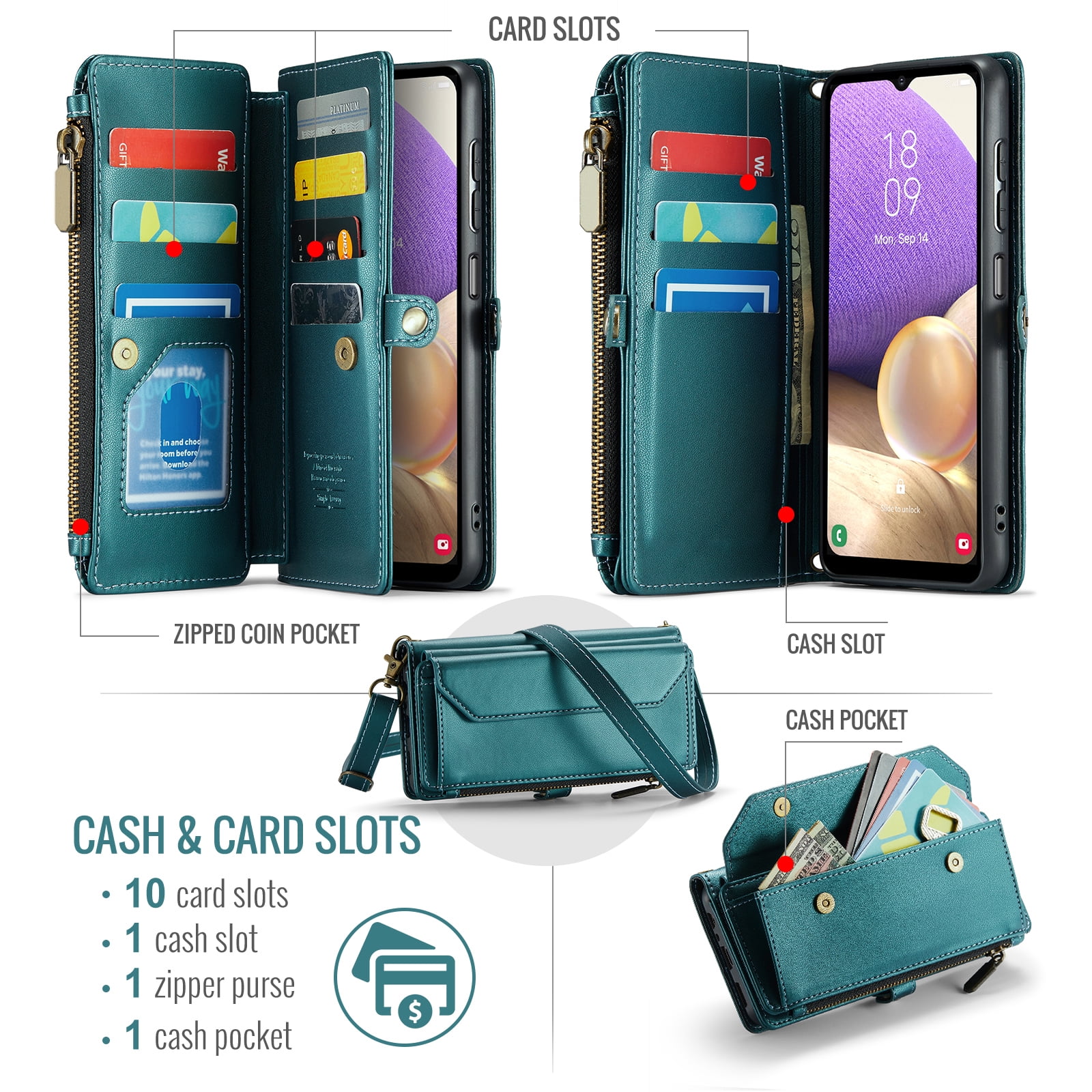 Compatible with Samsung Galaxy A32 5G 2021 6.5 inch Zipper Wallet Phone Case Tempered Glass Screen Protector Crossbody Lanyard Strap Flip Card Holder Slot Cell Cover for M32 G5 A 32 32A Women Green
