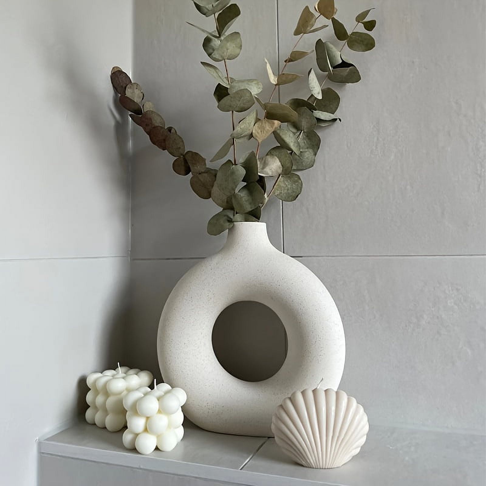 Vase En Céramique Blanc Côtelé - Hauteur 20cm - Déco Moderne Pour Fleurs Séchées Ou Pampa