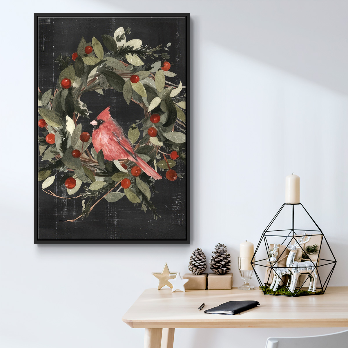 Christmas Cardinal I - Framed Gallery Wrapped Holiday Canvas - 25 x 37 - Black Frame