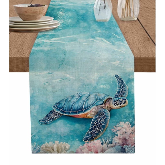 Hokiten Table Runners 90 Inches Long Dress Scarves, Turtle Farmhouse Coffee/Dining/Kitchen Table Runner for Living Room, Coastal Ocean Starfish Coral Watercolor Blue 13x90 Inch