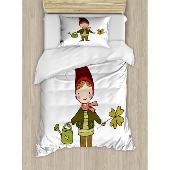 Gnome Duvet Cover Set Twin Size, Little Elf Boy with Clover and Watering Magic Gardening Joyful Cartoon, Decorative 2 Piece Bedding Set with 1 Pillow Sham, Olive Green Ruby, by Ambesonne