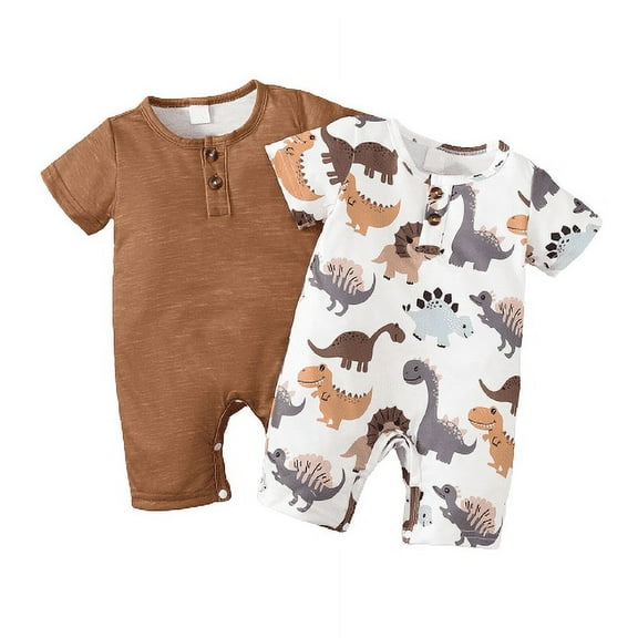 Mikrdoo Newborn Baby Boys Clothes Solid Color Summer Romper Dinosaur Print Short Sleeve Romper 2Pcs Romper Set 9-12 Months White&Brown