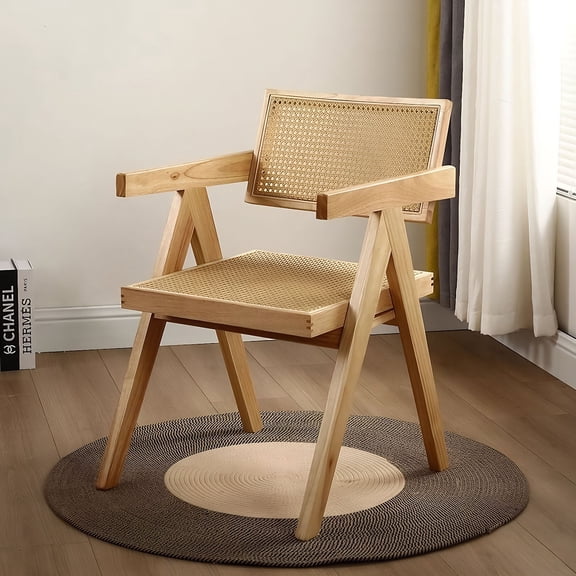 S-HOME Modern Mid Century Rattan Accent Chair, Comfortable Wooden Armchair for Bedroom and Outdoor Areas