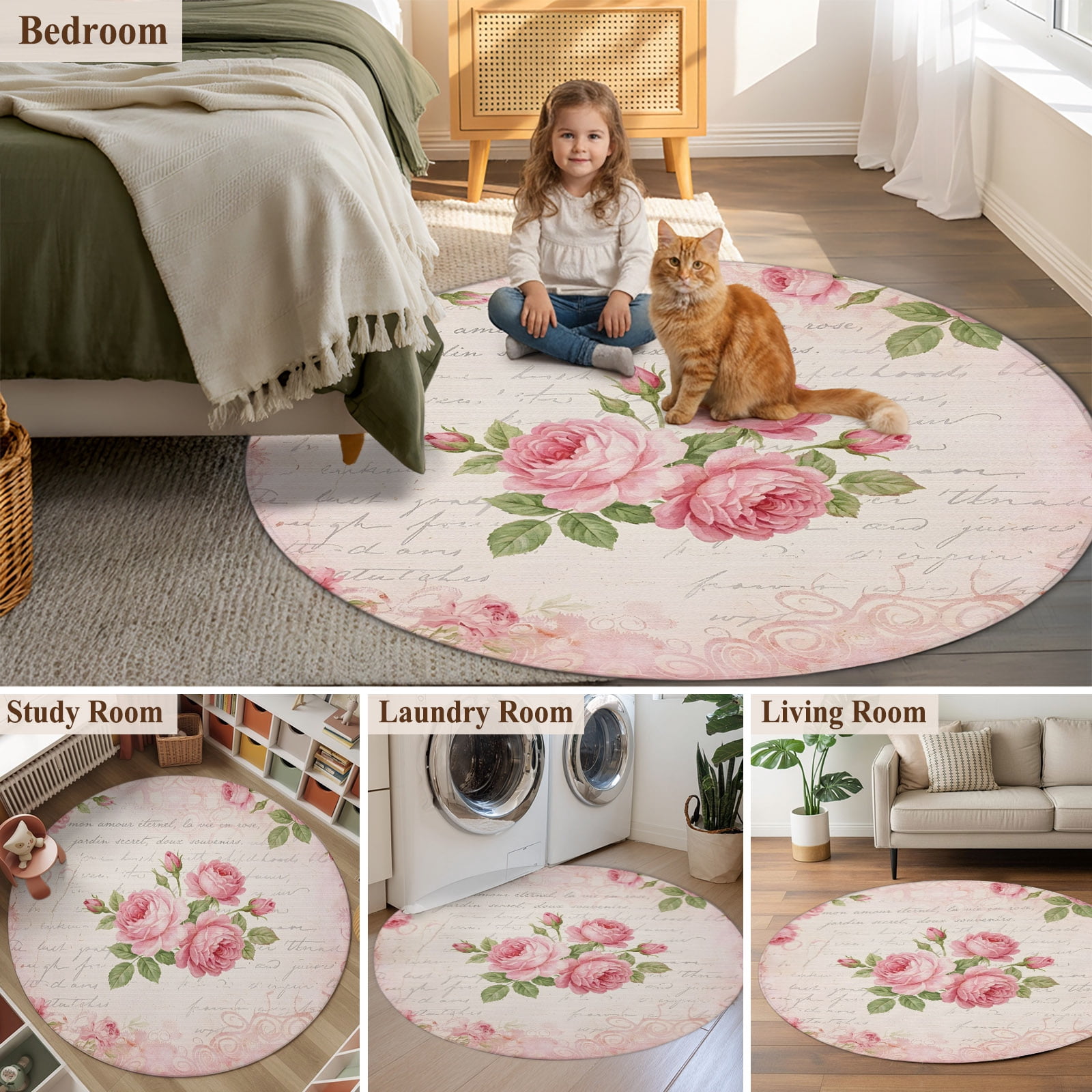 Botanical Roses Round Rug 4ft Washable Circle Entryway Rugs Non