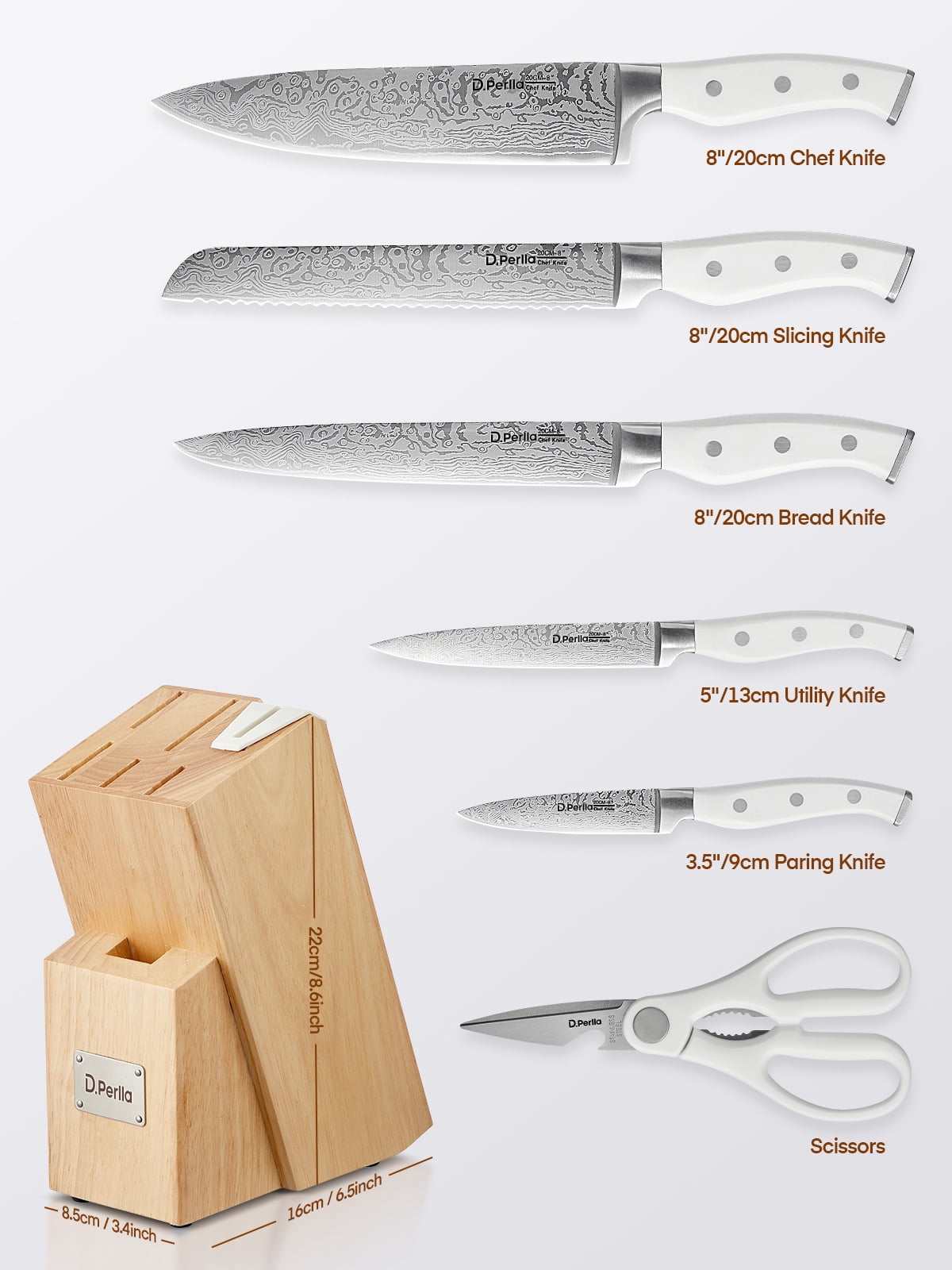 D.Perlla Knife Set, 7 Pieces Kitchen Knives Set with Built-in Sharpener, Stainless Steel Knife Block Set