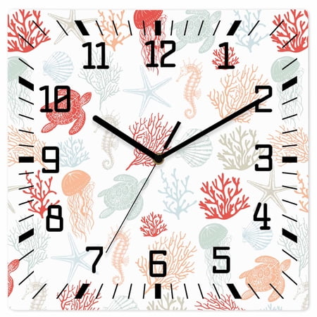 Red Orange Coastal Wooden Wall Clock Silent Non Ticking, Nautical Summer Beach Coral Sea Turtle Square Wall Clocks Battery Operated, Decor Clock for Home Office, Living Room, Kitchen, 12 Inch