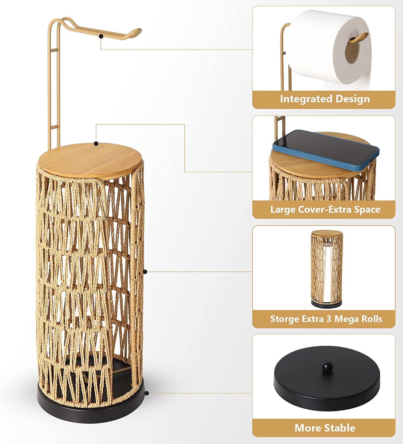 Freestanding Toilet Paper Holder With Storage 3 Rolls Of Tissue For Bathroom Handmade Woven Roll Stand Rattan Sturdy Boho Decor Farmhouse