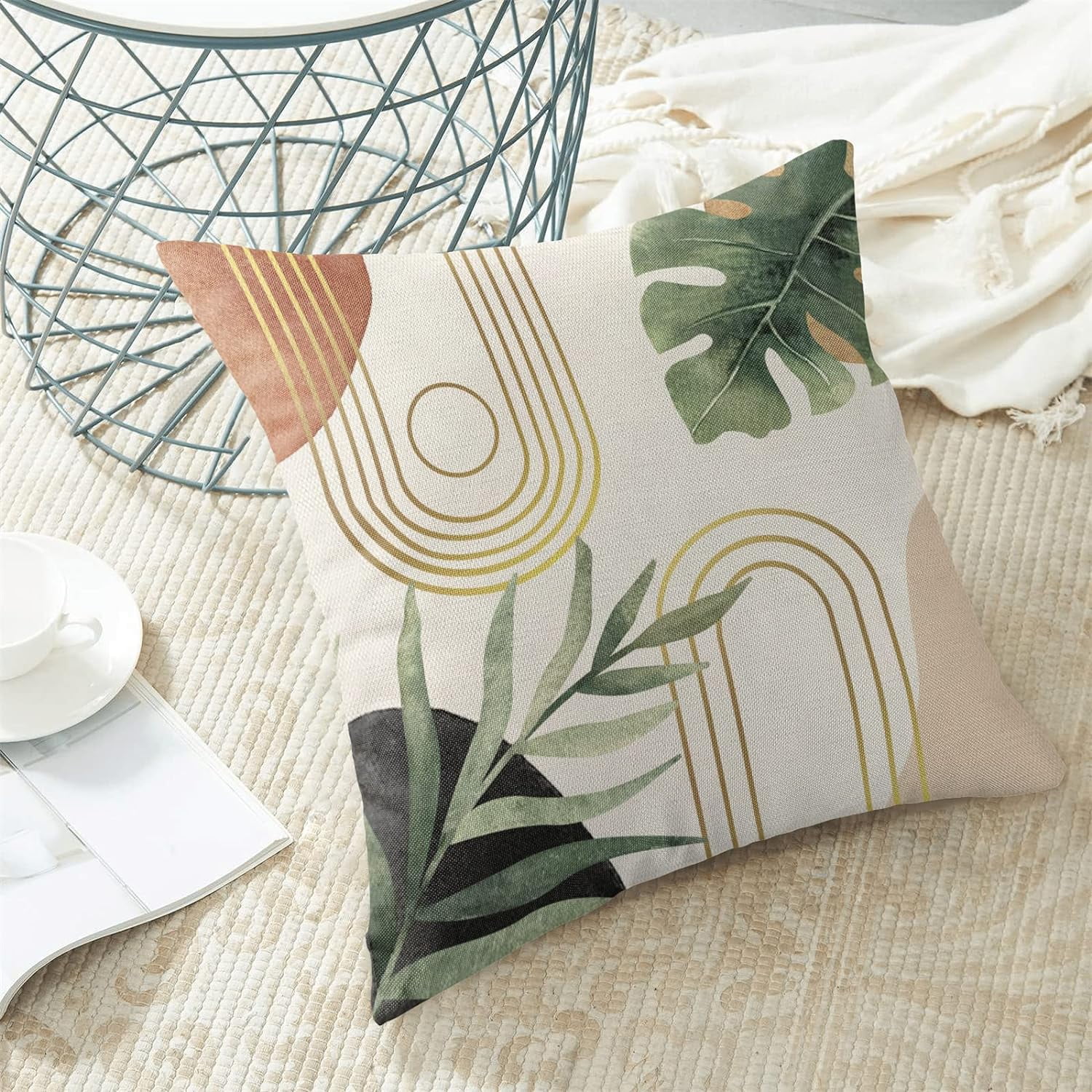 Boho Pillow Covers 16x16 Set of 2, Green Leaf Mid Century Farmhouse Decorations Throw Pillow Covers Modern Tropical Bohemian Outdoor Decorative Linen Cushion Case for Couch Sofa Home