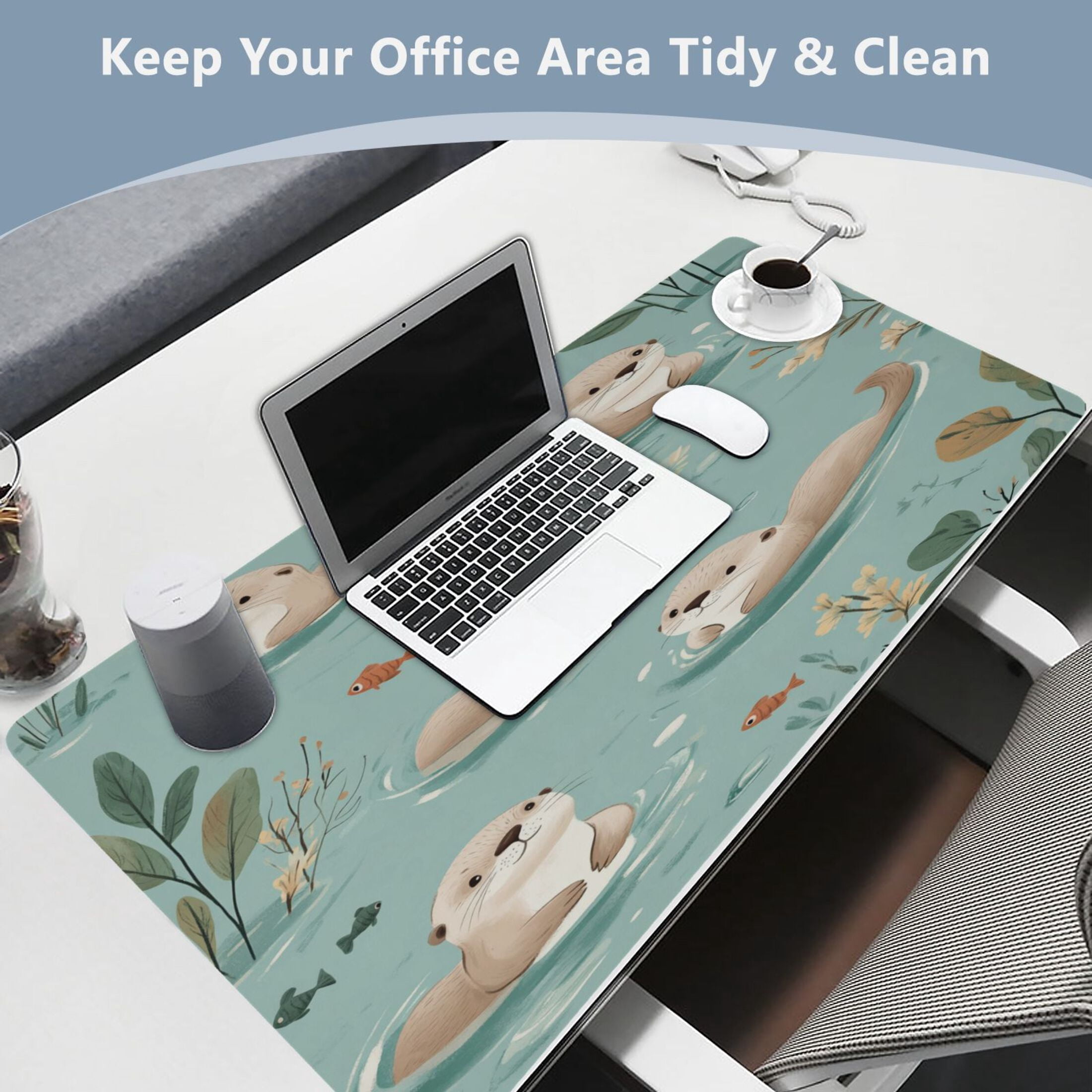 Wobogo Swims Sea Otter Gaming Mouse Pad Non-slip Leather Desk Mat Water Resist Keyboard Pad for Gamer Office 23.6×47.2in