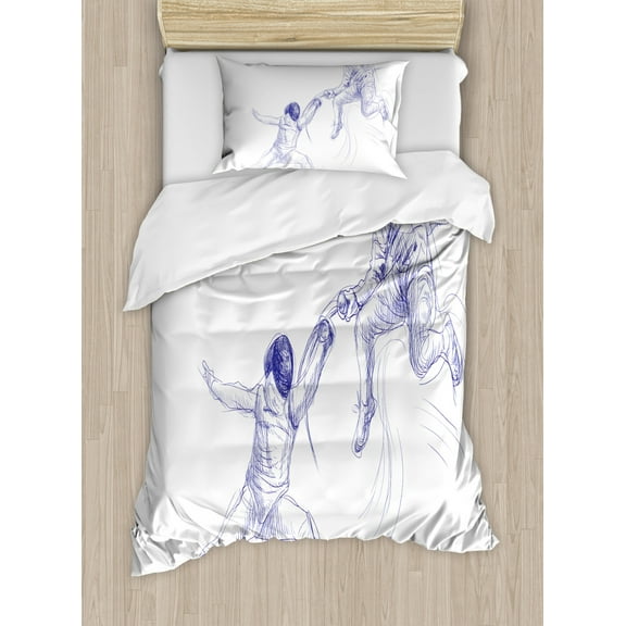 Sports Duvet Cover Set Twin Size, Sketch of Two Sportsman Fencing Duel Agility Attack Discipline Sports Hobby, Decorative 2 Piece Bedding Set with 1 Pillow Sham, Violet Blue White, by Ambesonne