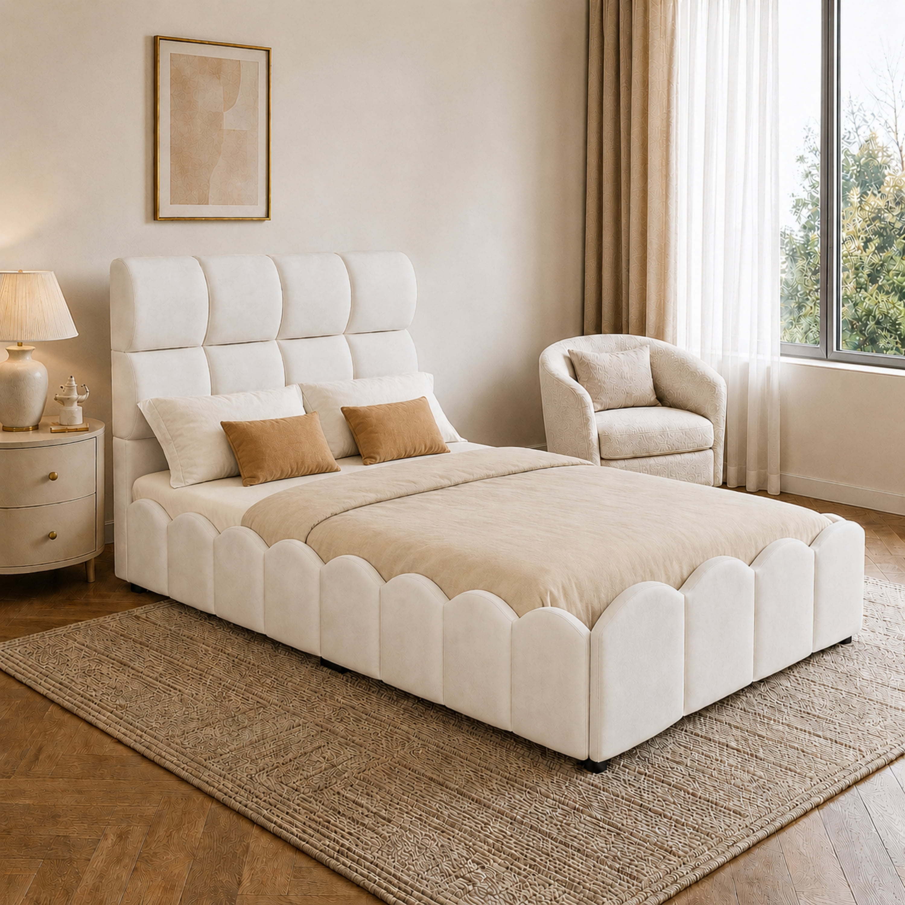 Euroco Upholstery Velvet Twin Size Platform Bed with Tall Panel Headboard, No Box Spring Needed, Beige