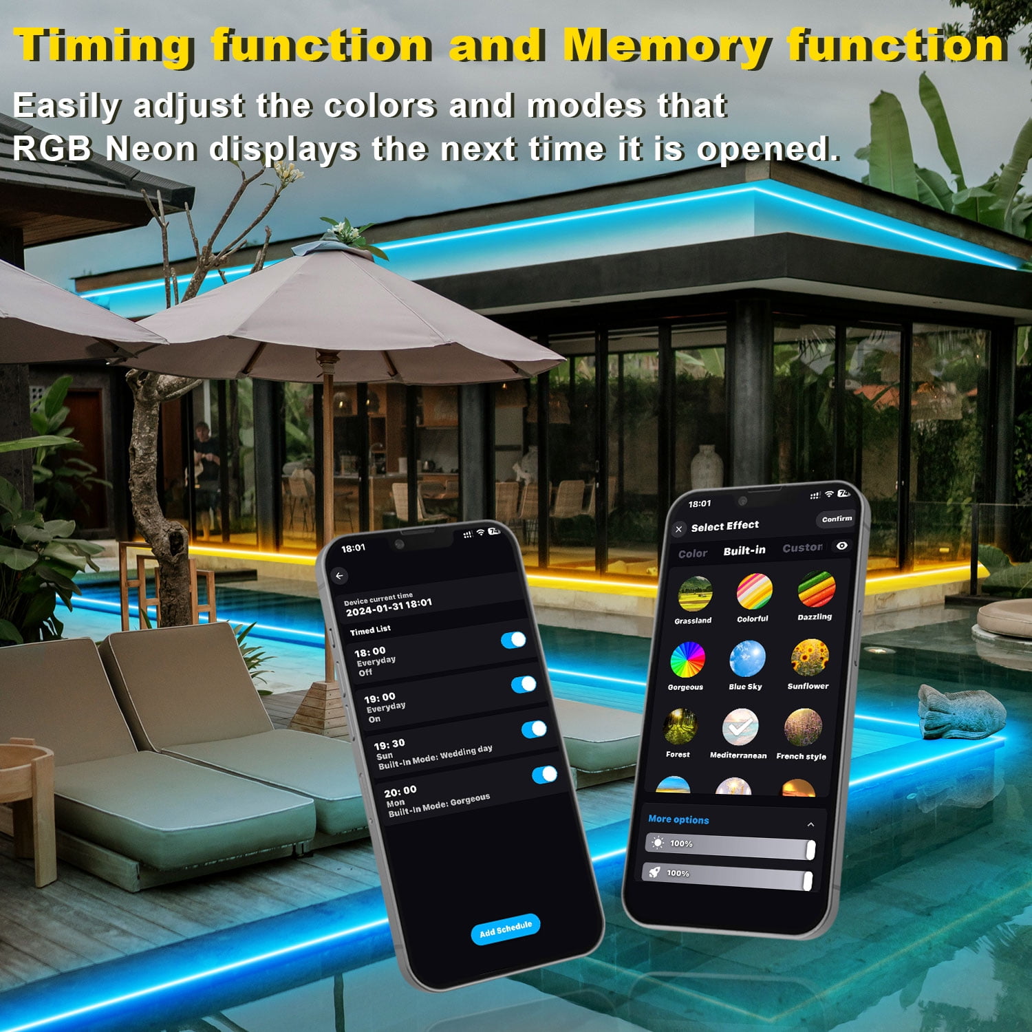 Gliztech 66FT Neon LED Strip Outdoor, IP68 Waterproof WiFi Neon Rope Light Compatible with Alexa, 24V RGB Music Sync Silicone LED for Bedroom, Party, Patio Decoration