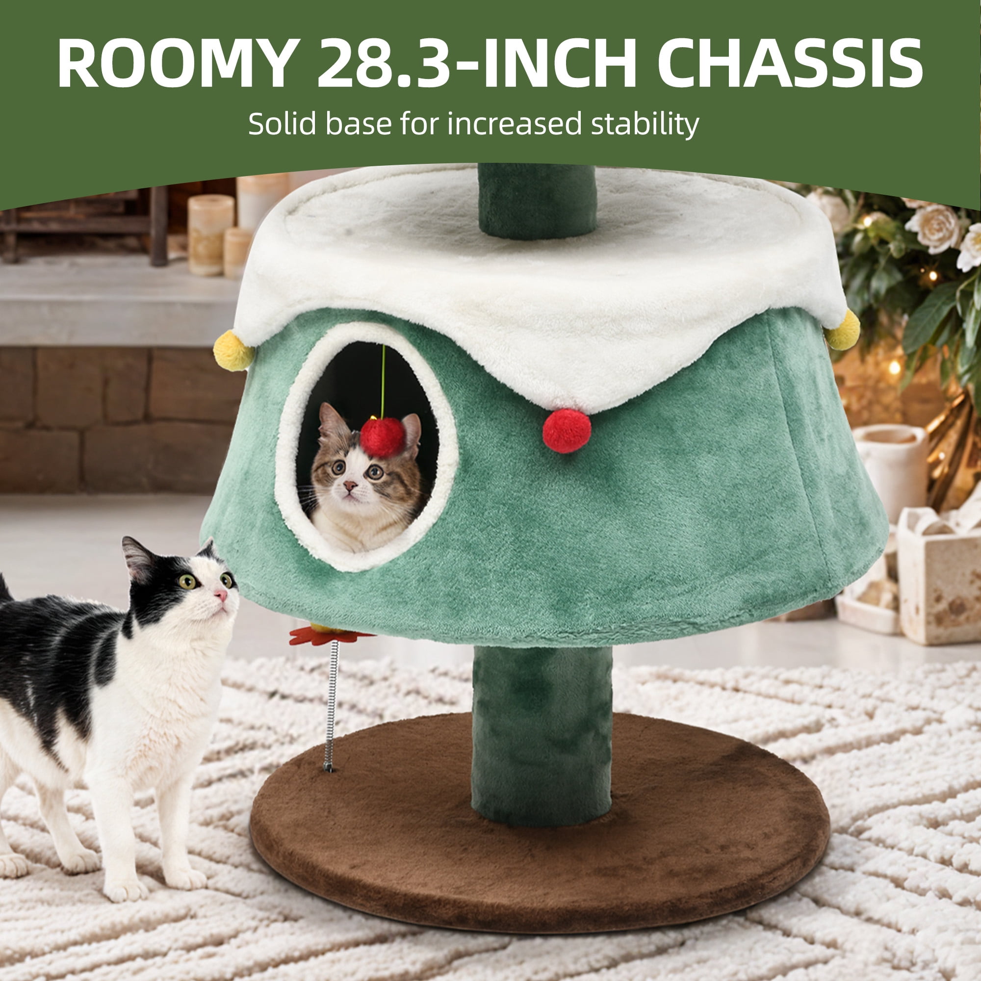 Uforic 63" H Large Christmas Cat Tree,2 Cat House with Plush Ball, Green+White