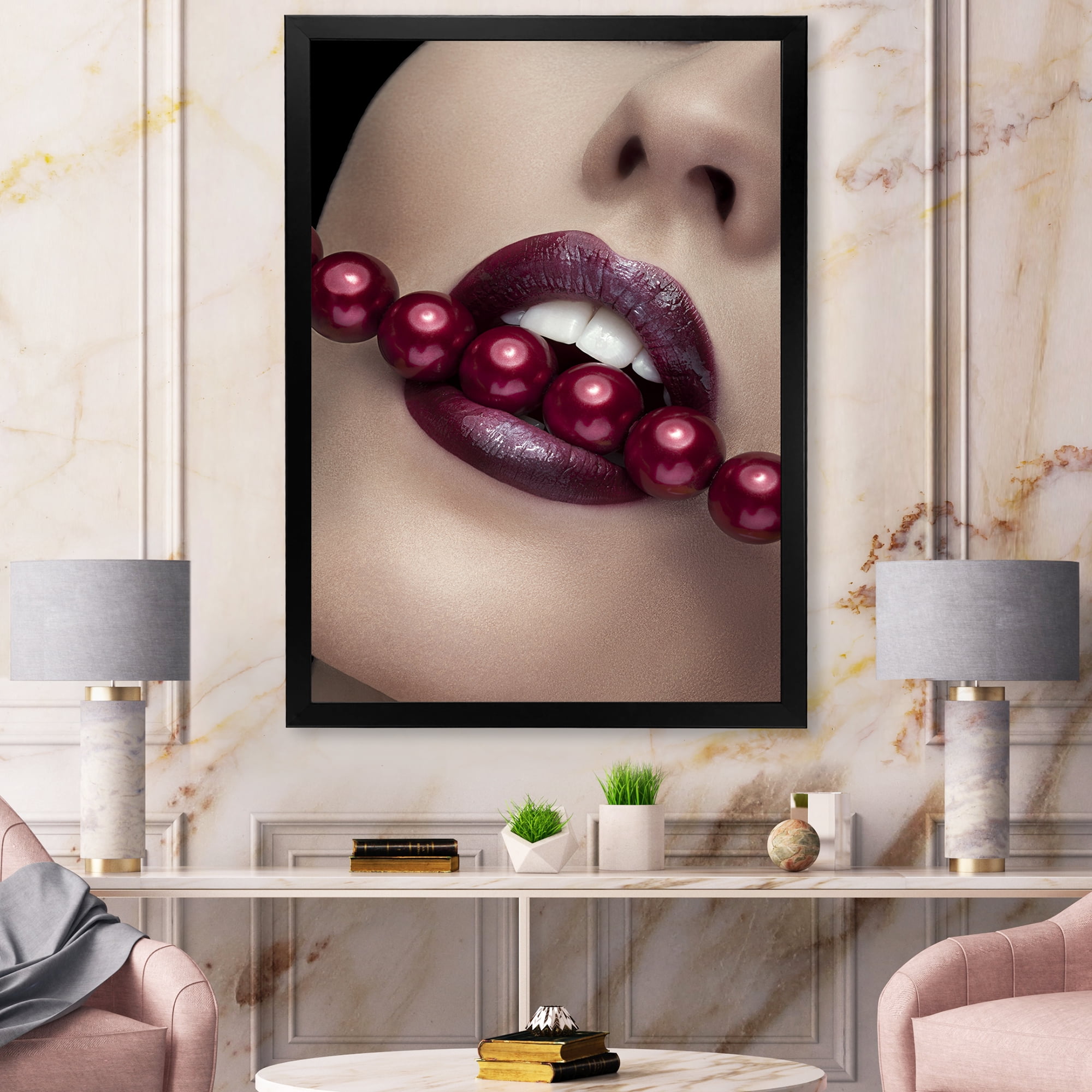 Designart 'Girl Bitting With Red Lips With Red Pearls' Modern Framed Art Print