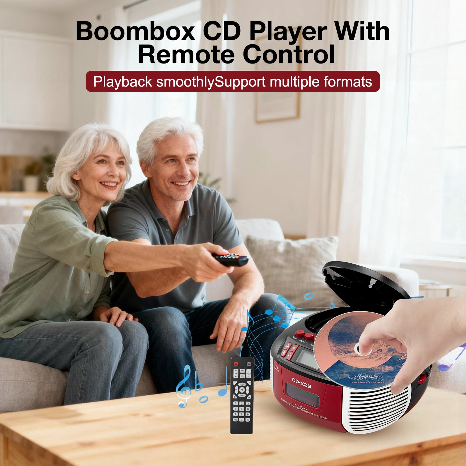Cassette Boombox CD Player Combo with Bluetooth and Remote,Stereo Speakers,FM Radio,Tape Recording.