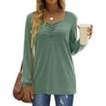 thumbnail image 6 of HAiming Women's V Neck Tops 2025 Trendy Solid Long Sleeve Pleated Tunic Shirts Fall Casual Loose Pullover Blouse, 6 of 9