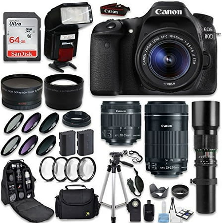 Canon EOS 80D DSLR Camera + Canon EF-S 18-55mm + Canon EF-S 55-250mm Lens & Telephoto 500mm f/8.0 + 0.43 Wide Angle Lens + 2.2 Telephoto Lens + Macro Filter Kit + 64GB Memory Card + Accessory (Best Dslr For Macro Photography 2019)