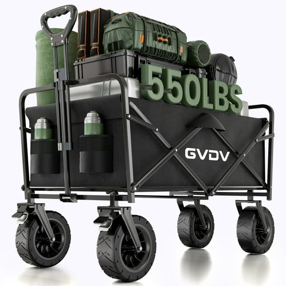 GVDV Collapsible Folding Wagon, 550LBS Large Heavy Duty Utility Cart with All-Terrain Wheels and Adjustable Handles for Shopping, Camping, Sports, Outdoor, Beach, Black